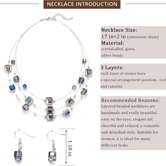 Layered Silver Beaded Necklace for Women Square Crystal Beads Statement Collar N - Picture 5 of 6